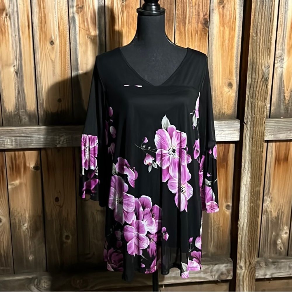 Avenue woman top sheer 3/4 bell sleeve floral black purple 20 FIRM on PRICE